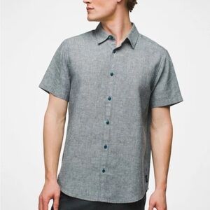 Prana Shirt Mens XXLarge Gray Button Up Short Sleeve Lindores Logo Hemp EUC